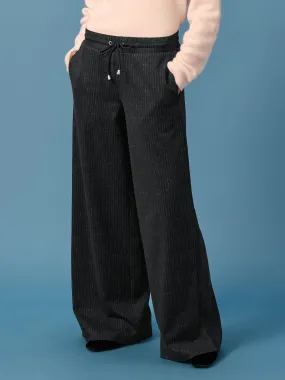 Black Check Pinstripe Brushed Jersey Wide Leg Trousers